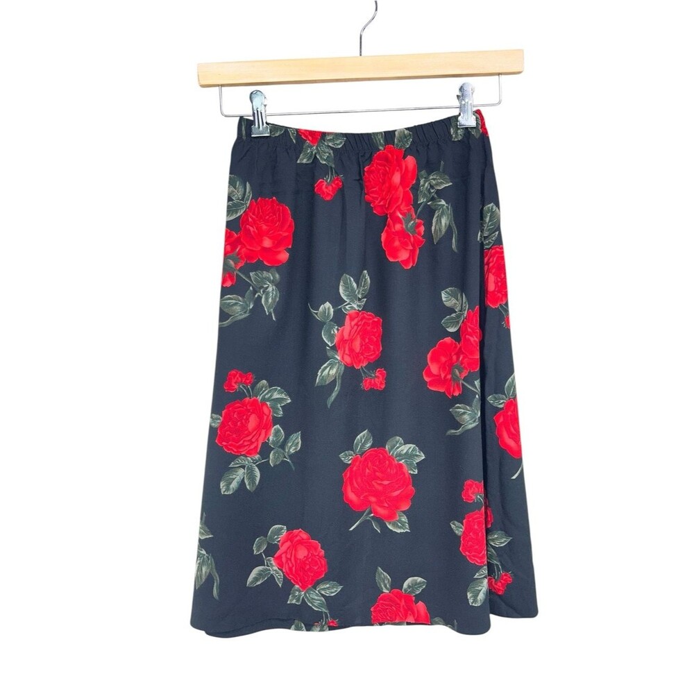 Vtg Elisabeth Whimsigoth Red Rose Black Midi Skirt